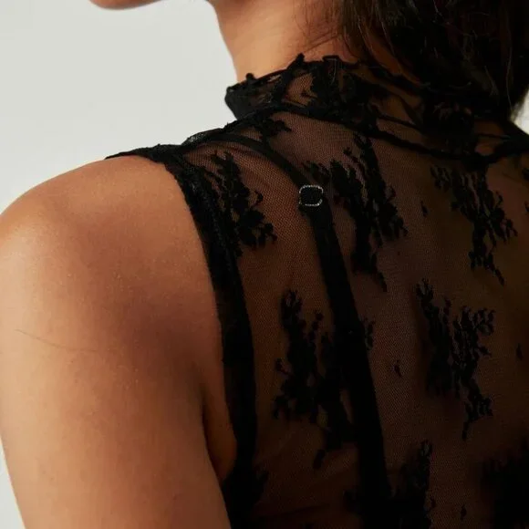 Women Lace Mesh Crop Top Sleeveless Sheer Floral Mock Neck Slim Fit - Picture 7 of 8